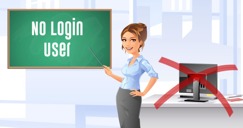 A woman in comic style standing in front of a chalkboard pointing to the word No Login User.