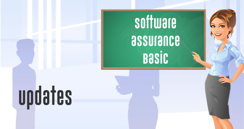 A woman in comic style standing in front of a chalkboard pointing to the word Activity Software Assurance Basic.