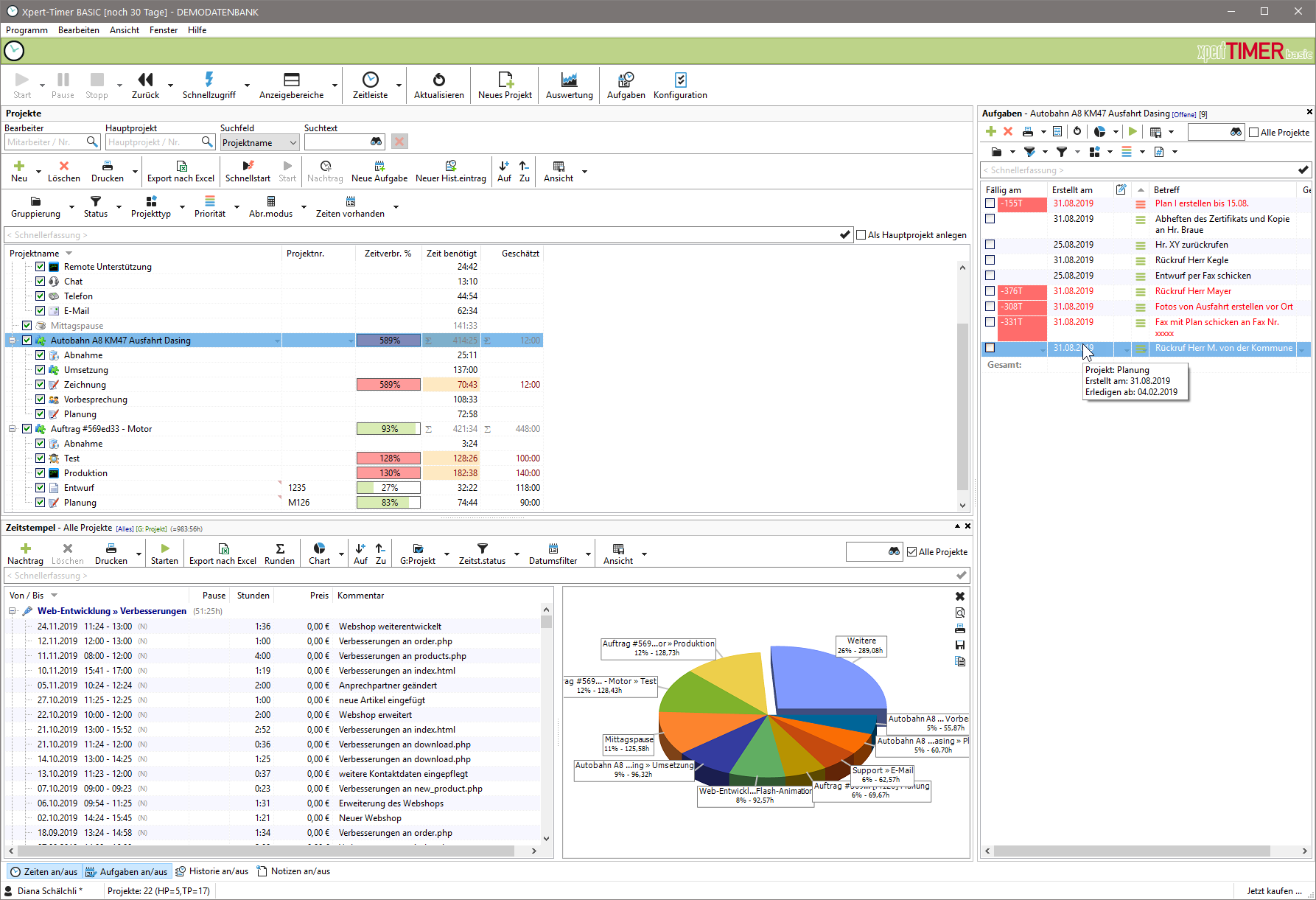 Bedienoberfläche der Zeiterfassung