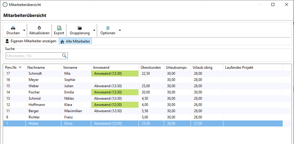 Mitarbeiterübersicht im Xpert-Timer