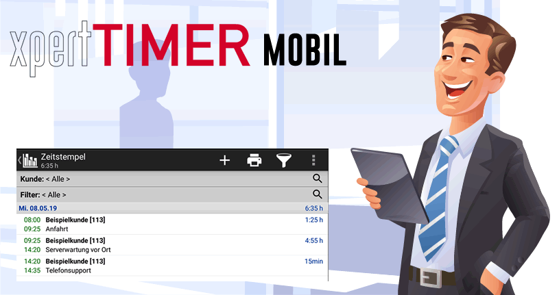 Produktlogo des Xpert-Timer Mobil mit einem Mann der ein Tablet in der Hand hält im Comic Stil