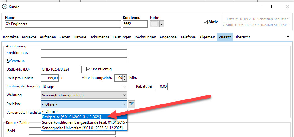 Projektpreisliste an Kunden binden