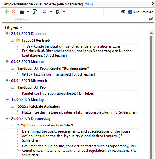 Bildschirmfoto der Tätigkeitshistorie in der Projektzeiterfassung
